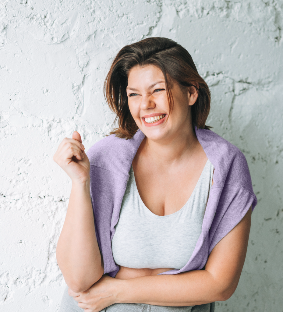 Woman in white blouse and violet top